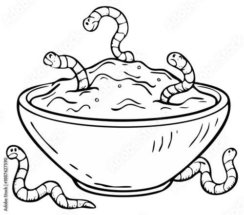 Cute cartoon worms emerging from a bowl of mud or food with happy faces