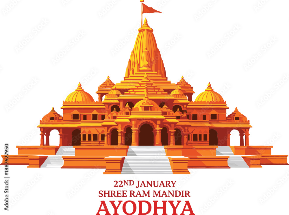 Obraz premium Shree Ram Mandir Ayodhya vector illustration with grand temple architecture celebration for inauguration on twenty second january