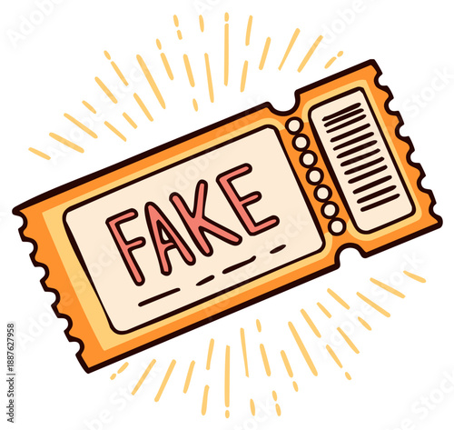 Cartoon Style Fake Ticket with Radiating Light, Scam Alert, Fraudulent Validation, Event Entry Denial, Rejection