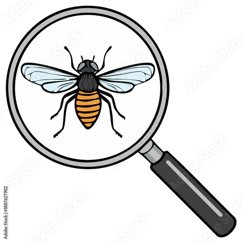 Cartoon illustration of a bee viewed through a magnifying glass for entomology or science.