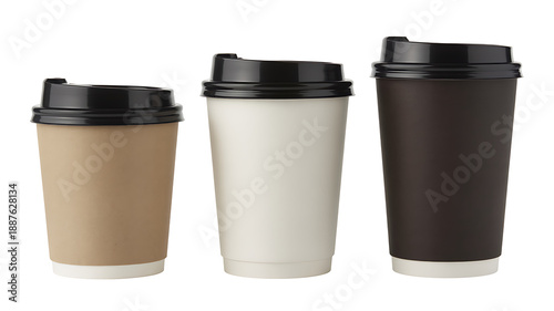 Wallpaper Mural Assortment of three insulated paper coffee cups with black plastic lids, showcasing various colors for hot beverage branding and take-away concepts. Torontodigital.ca