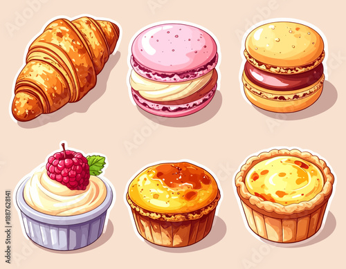 Assorted pastries and desserts, including croissants and macarons, displayed on a light background from a top-down viewpoint