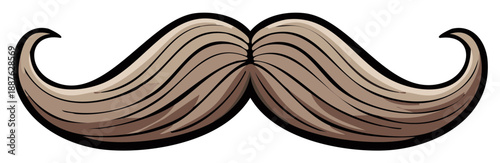 Cartoon mustache, light brown, thick, curled ends, vintage look, black outline and white background.