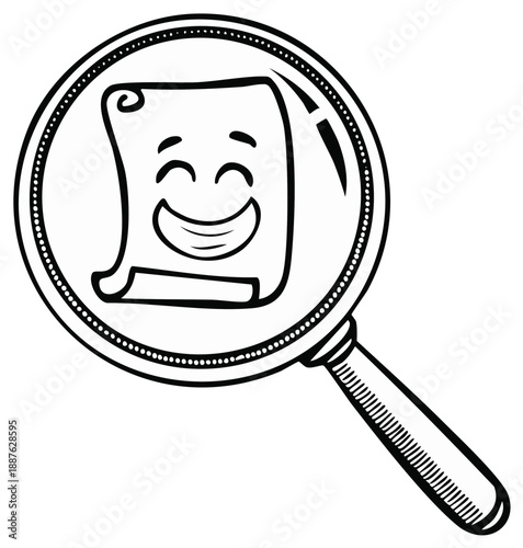 Happy scroll document with a smiling face viewed through a magnifying glass