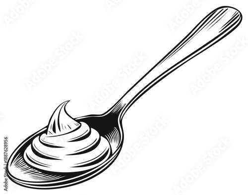 Black and White Sketch of a Spoon Filled with Creamy Substance