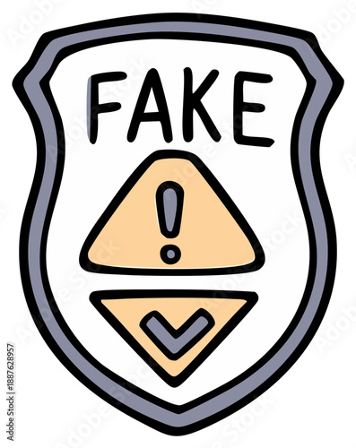 Fake Sign Warning with Exclamation Down Arrow inside Shield Shaped Graphic Symbol