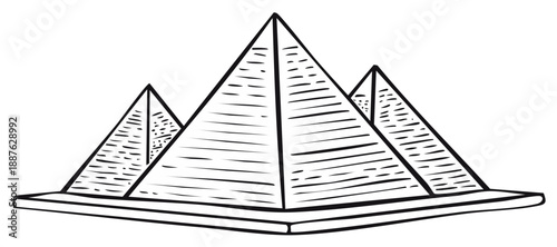 Illustrative Render of Three Ancient Egyptian Pyramids on a Flat Base Black and White Ink Drawing