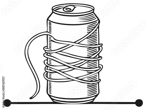 Beverage can wrapped with rope standing on a surface with two dots