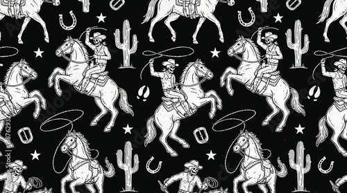 Seamless black and white pattern featuring medieval knights on horseback with swords, lances, shields and heraldic motifs
