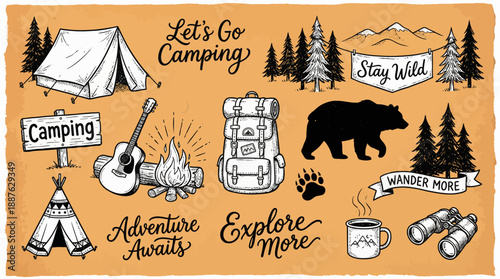 Let's Go Camping: A detailed illustrated outdoor scene with tent, backpack, bear, campfire, and pine forest motifs for adventure and exploration