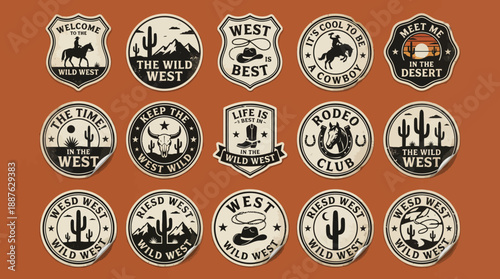Vintage Round Western Badges Collection: 24 Emblem Logos Celebrating The Wild West, Cowboys, Cacti and Desert Iconography