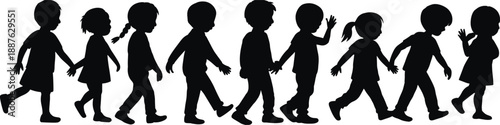 Children silhouettes walking in a row isolated on white background, playful kids movement, childhood, education, unity, diversity concept illustration