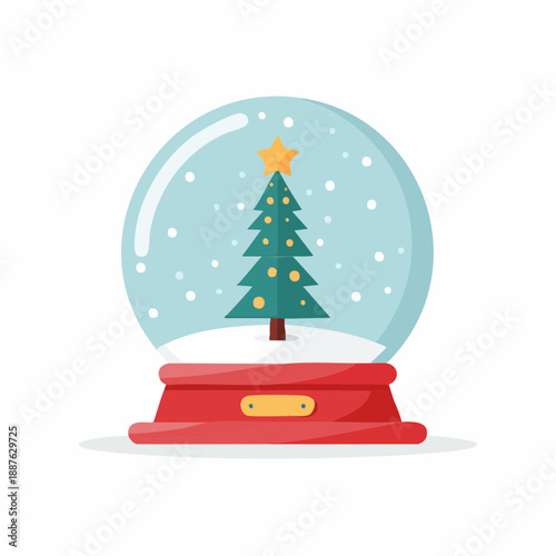 A festive snow globe illustration featuring a decorated Christmas tree on a red base with snowflakes falling around it from a straightforward viewpoint