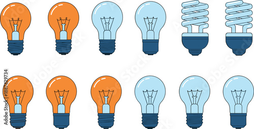 Collection of different light bulb icons including classic incandescent and energy saving fluorescent lamps representing creative ideas innovation brainstoming electricity technology and sustainable 