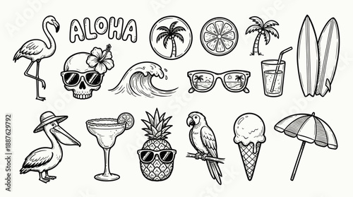 Tropical beach doodles set featuring flamingo, palm trees, pineapple, sunglasses, cocktail, surfboard and aloha icons in playful hand-drawn style