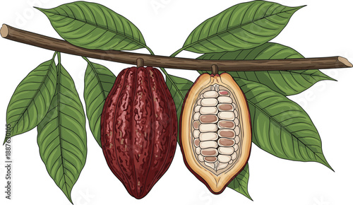 Vintage botanical illustration of cocoa pods on a branch with green leaves and a cut fruit showing raw beans isolated on white background