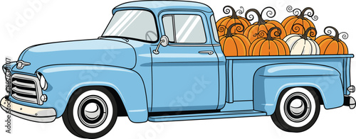 Vintage blue pickup truck carrying a harvest of orange pumpkins in the flatbed representing autumn season thanksgiving farm fresh produce and fall festival celebrations vector