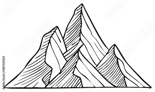 Line art illustration of mountains, peaks and ridges in a graphic style.