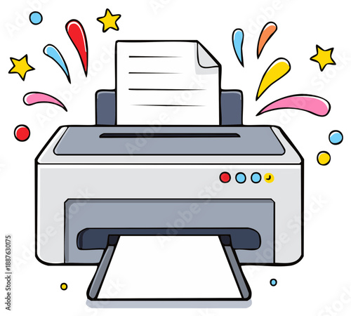 Celebratory colorful bursts emanate from a printing machine with paper emerging