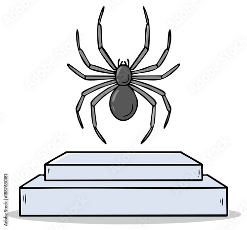 Cartoon spider with eight legs hovering over layered platform illustration
