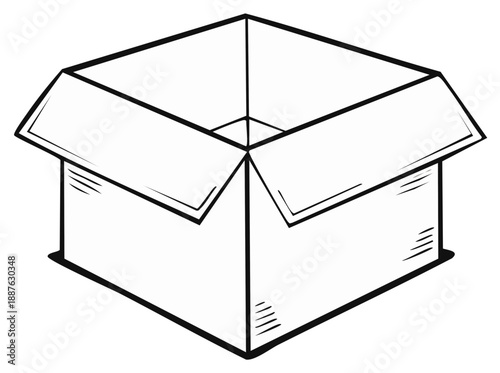 Empty open cardboard delivery box cartoon illustration line art drawing shipping parcel container