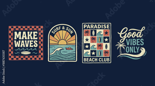 Retro beach club patch and sticker set with waves, palm trees, paradise vibes, and good vibes typography.