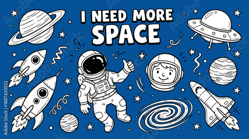 Colorful space doodle illustration with astronauts, rockets, planets, galaxies and UFOs for kids and educational use