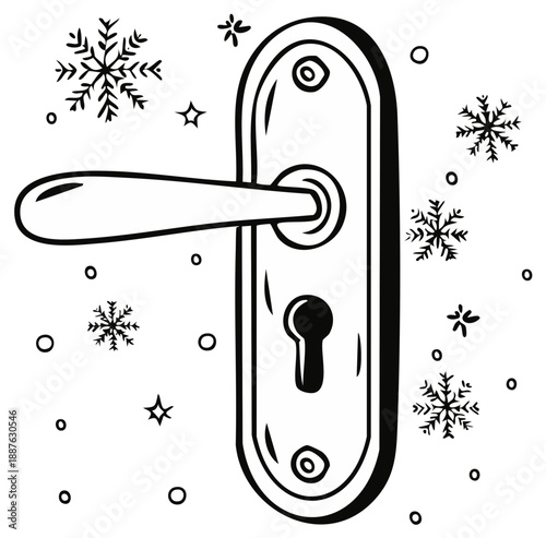 Hand-drawn illustration of a door handle with falling snowflakes and stars, representing winter and cold weather.