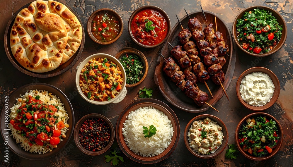 Fototapeta premium Assorted Middle Eastern delicacies displayed on rustic wooden table with various dishes, kebabs, rice, salads, dips, and breads, captured from directly above