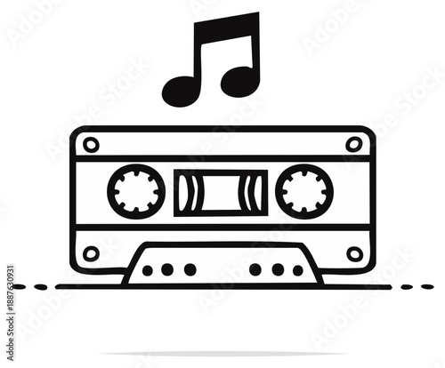 Retro audio cassette tape with musical note symbol above, representing vintage music and sound recording