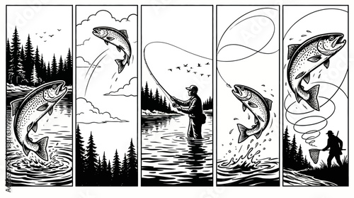 Sequential black-and-white illustration of a lone fisherman battling a large fish across forest river panels.