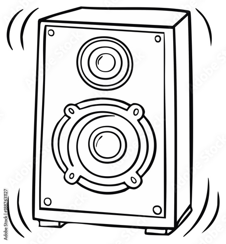 Cartoon outline illustration of a vintage speaker with sound waves emanating from it