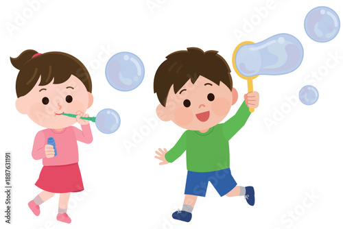 シャボン玉で遊ぶ男の子と女の子　イラスト