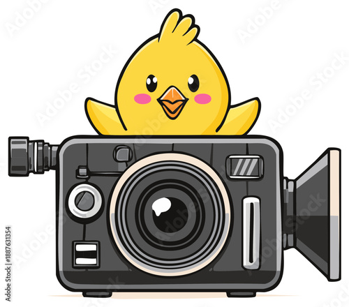 Adorable yellow chick peeking over a vintage video camera in a fun cartoon style.
