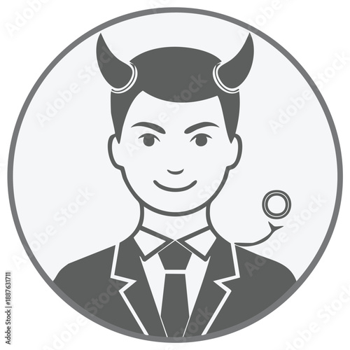 Business Devil Avatar: Young man in suit with devil horns and tail in round frame for profile design, mascot.