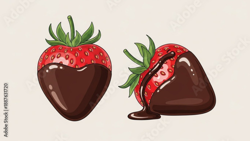 Two chocolate dipped strawberries one heart-shaped fresh fruit dessert illustration for Valentines Day or sweet treat concepts