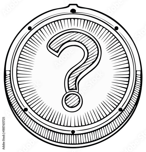 Engraved Question Mark Inside a Circular Frame, Line Art Illustration