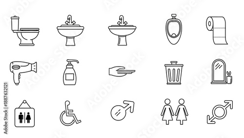 Bathroom Icons Set Toilet Sink Urinal Hair Dryer Soap Dispenser.