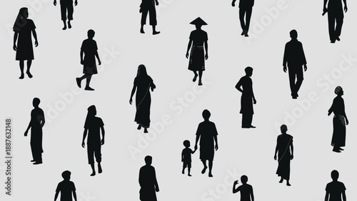 Diverse Group of People Silhouettes Standing and Walking.