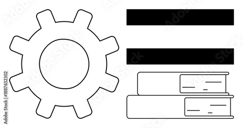 Gear next to stacked books and horizontal bars showcasing connection of knowledge, workflow, and systematic thinking. Ideal for education, process management, organization, workflow, mechanics