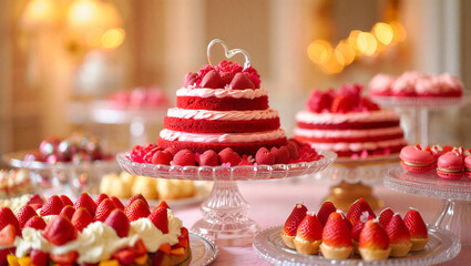 Gourmet Valentine’s Day cakes and cupcakes decorated with festive candles, fresh berries and chocolate cream icing sit on a holiday table as a delicious baked dessert 