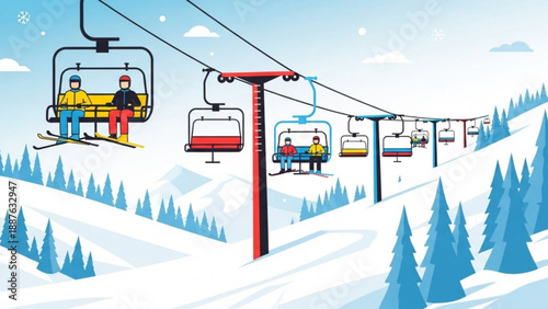 Ski lift carrying people up a snowy mountain winter resort scene with pine trees and clear sky vector illustration for travel and recreation