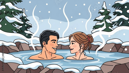 Couple relaxing in a hot spring surrounded by snow winter wellness and romantic getaway concept illustration
