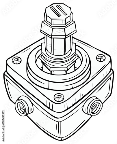 Line art drawing of a single mechanical valve assembly with screws and cylindrical inlets