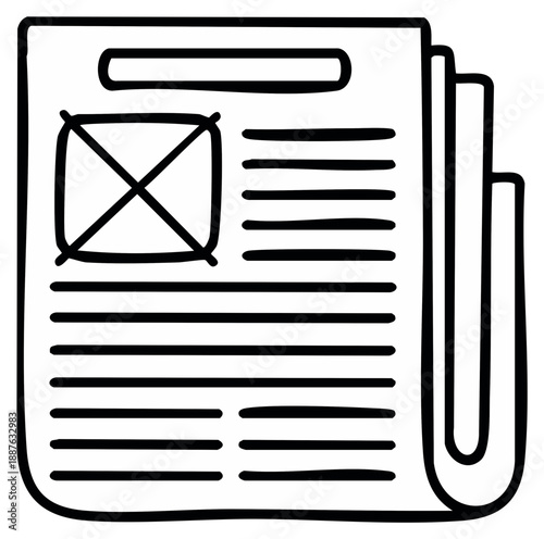 Black Outline Newspaper Icon of Newsprint Page with Headline and Photo Space