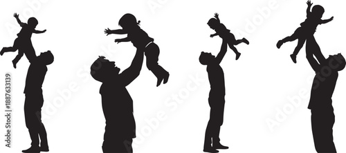 Silhouettes of fathers playfully lifting their young children into the air
