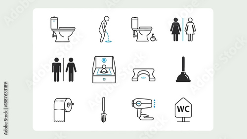 Collection of bathroom and toilet icons for design.