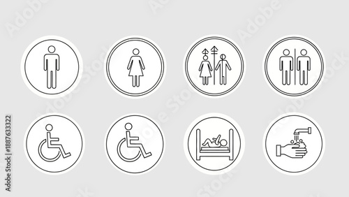 Collection of restroom and accessibility symbols for public facilities.