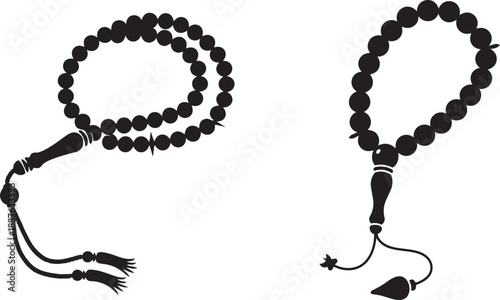 Black islamic prayer beads misbaha tasbih with tassels in a simple monochrome style