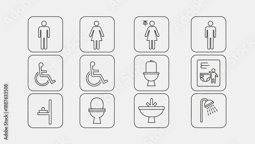Collection of restroom and bathroom icons for public facilities.